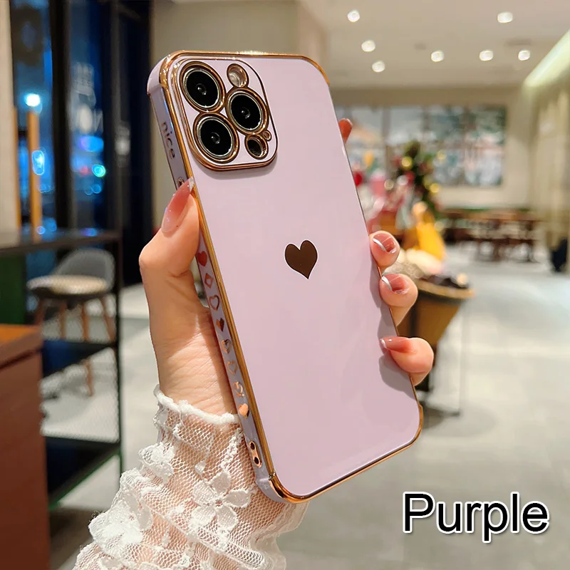 Color: Orange, Ships From: CN, Material: Denim - Electroplating Side Love Heart Phone Case For IPhone 16 15 14 13 12 11 Pro Max XR 8 Plus SE2/SE3 Shockproof Back Cover