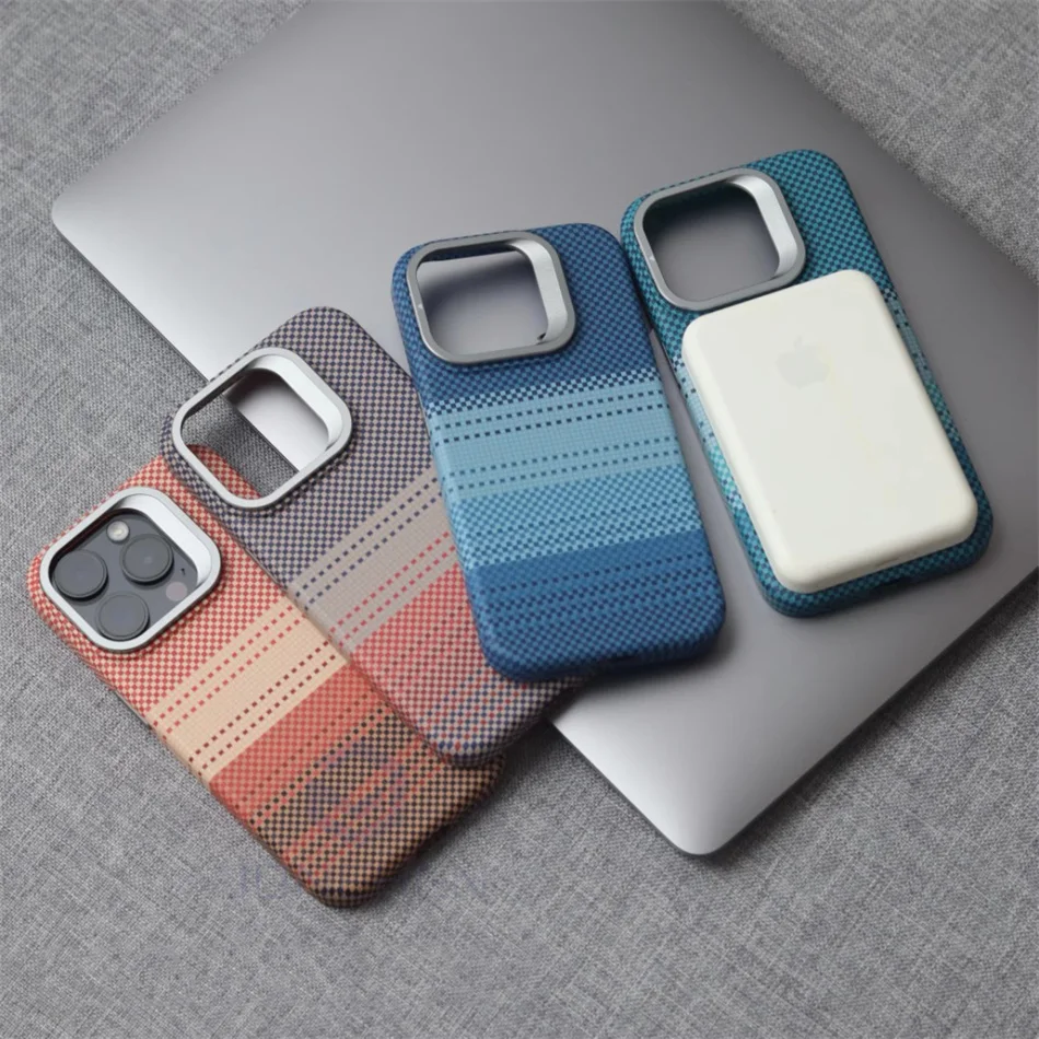 Color: Beige, Material: Microfiber - Luxury Magnetic Stand Metal Lens Relief Carbon Fibre Pattern For Magsafe Case For iPhone 15 14 13 Pro Max Shockproof Back Cover