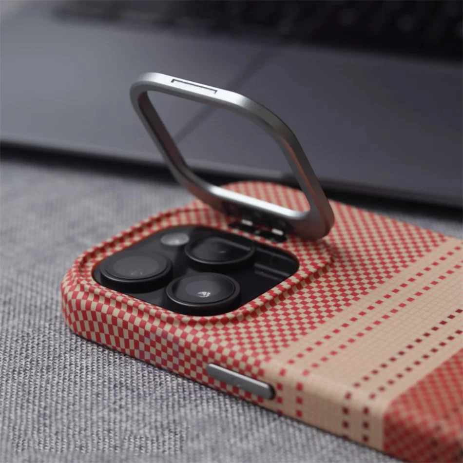 Color: Beige, Material: Microfiber - Luxury Magnetic Stand Metal Lens Relief Carbon Fibre Pattern For Magsafe Case For iPhone 15 14 13 Pro Max Shockproof Back Cover