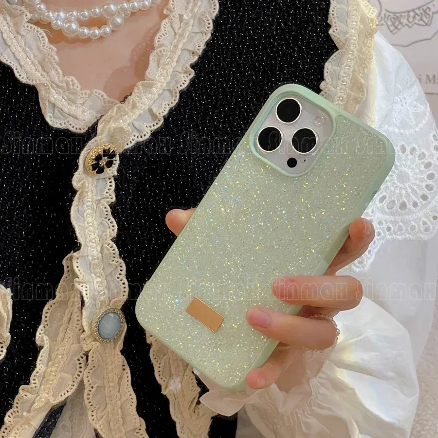 Color: green, Material: Neoprene - Bling Glitter Phone Case For iPhone 16 15 14 13 12 Pro Max 11 Vogue Protective Soft Diamond Cover Coque Funda