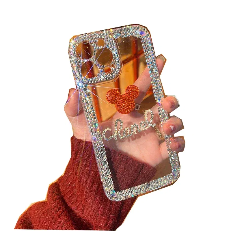 Color: Beige, Material: POLYESTER - Bling Glitter 3D cute cartoon Diamond soft silicon phone case For iphone 15 14 13 12 11 Pro Max 7 8 Plus X XS XR MAX Clear Cover