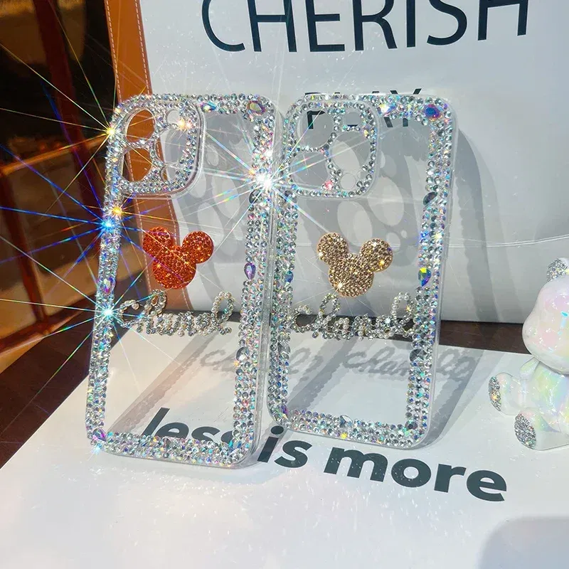 Color: Beige, Material: POLYESTER - Bling Glitter 3D cute cartoon Diamond soft silicon phone case For iphone 15 14 13 12 11 Pro Max 7 8 Plus X XS XR MAX Clear Cover