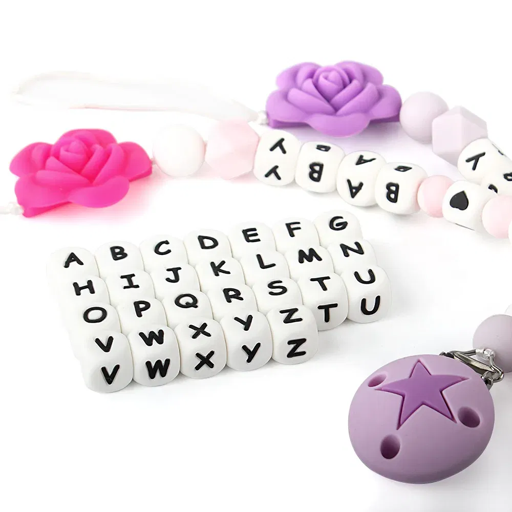 Color: Brown - 100Pcs Baby Teether 12mm Silicone Letters Beads Pacifier Clip Chain Personalized Name Letter Beads Teething Nursing Toy BPA Free