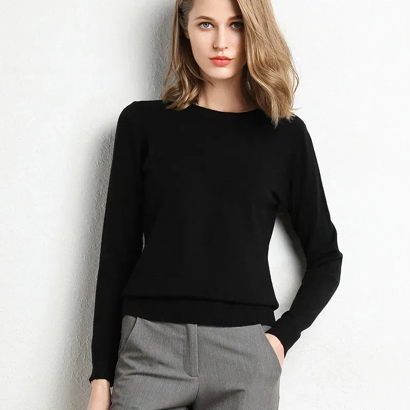 Color: Red, Size: L - Women Slim O-Neck Solid Pullover Cashmere Wool Blending Sweater Autumn And Winter Long-Sleeved Knit Bottoming Shirt Large Size