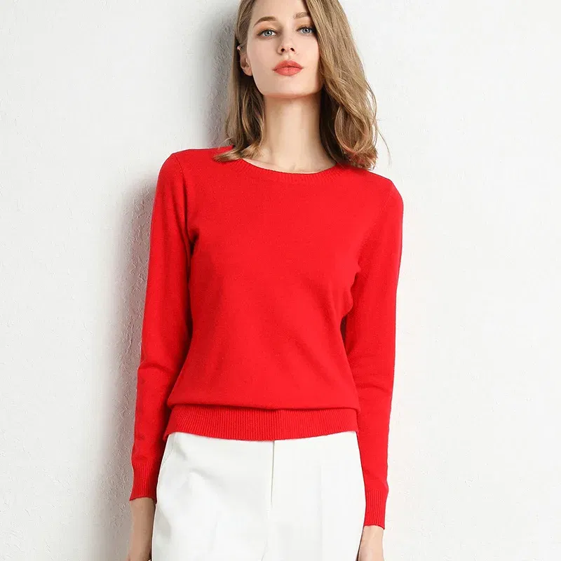 Color: Red, Size: L - Women Slim O-Neck Solid Pullover Cashmere Wool Blending Sweater Autumn And Winter Long-Sleeved Knit Bottoming Shirt Large Size