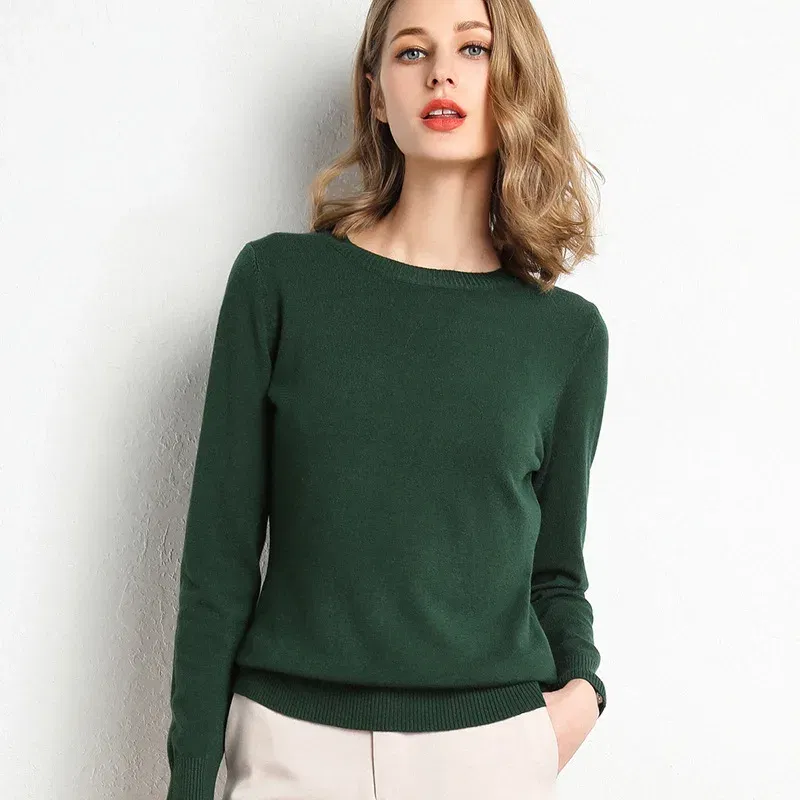 Color: Red, Size: L - Women Slim O-Neck Solid Pullover Cashmere Wool Blending Sweater Autumn And Winter Long-Sleeved Knit Bottoming Shirt Large Size
