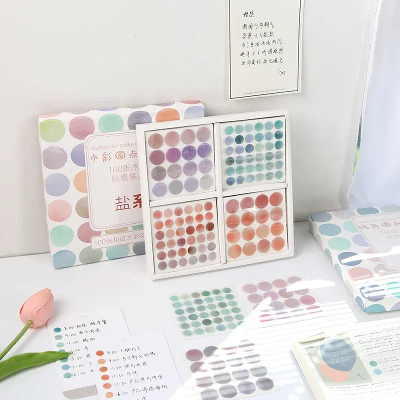 Color: light green - 20 Sheets Watercolor Polka Dot Sticker Bullet Journaling Accessories Scrapbooking DIY Color Label Washi Stationery Gift