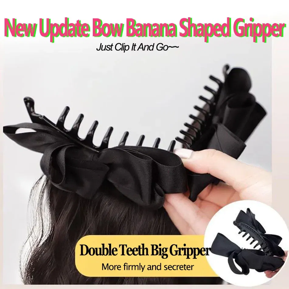 Color: #1, Stretched Length: 18inches - Elegant Synthetic Silk Bowknot Banana Claw Clip Ponytail Wig With Grab Clip Long Wavy Layered Ponytail for Women Daily Use