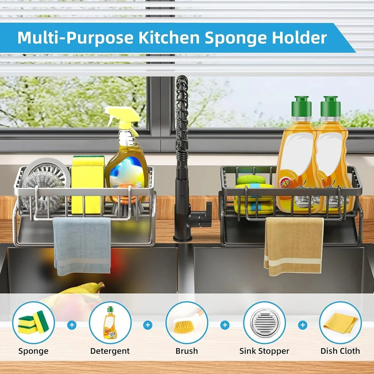 Color: DARK GRAY - Kitchen Sink Drain Rack Organizer Sponge Storage Faucet Holder Soap Drainer Dishcloth Towel Rack Kitchen Sink Organizer