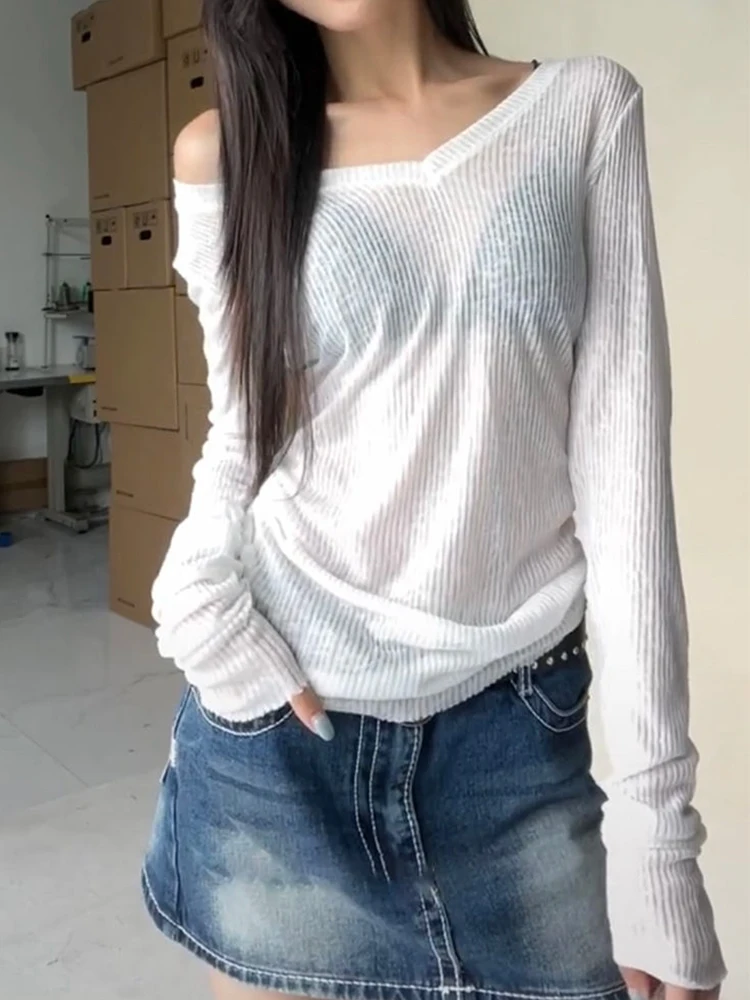 Color: WHITE, Size: XL - Women Long Sleeve T Shirt Thin Perspective Summer Solid Slim Casual Shirts Female Pullovers Basic Tee Y2k Clothes Streetwear Top