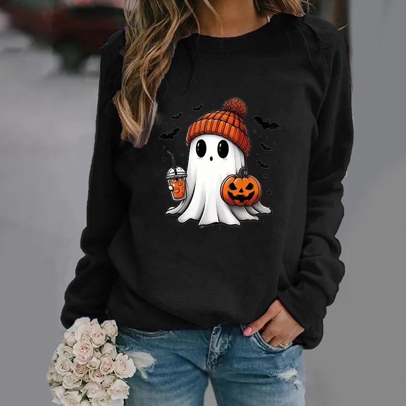 Color: black, Size: XL - Cute Ghost Pattern Sweater Women's Casual Halloween Ghost Harajuku Pullover Fall Women's Tops