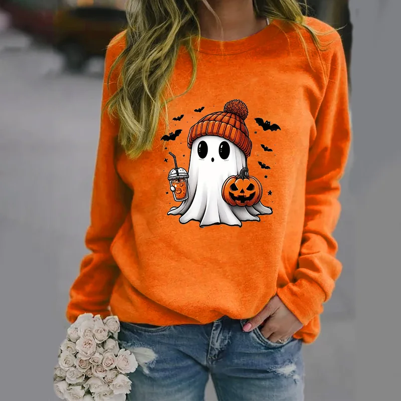 Color: black, Size: XL - Cute Ghost Pattern Sweater Women's Casual Halloween Ghost Harajuku Pullover Fall Women's Tops