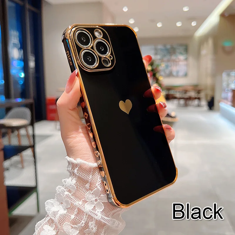 Color: black, Compatible-Phone Models: For iPhone 13 Pro Max, Ships From: CN - Electroplating Side Love Heart Phone Case For IPhone 17 16 15 14 13 12 11 Pro Max XR 8 Plus SE2/SE3 Shockproof Back Cover