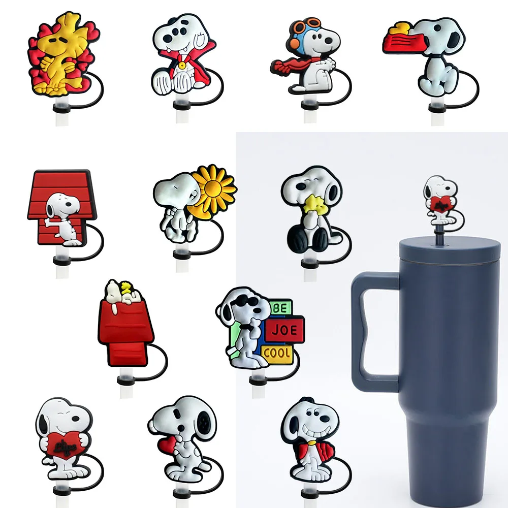 Color: Silver - 1-12PCS Cute  MINISO Snoopy Straw Cover Cap With 30&40Oz Cup10mm Straw Toppers Reusable Dust-Proof Straw Caps Cartoon Drink Stra