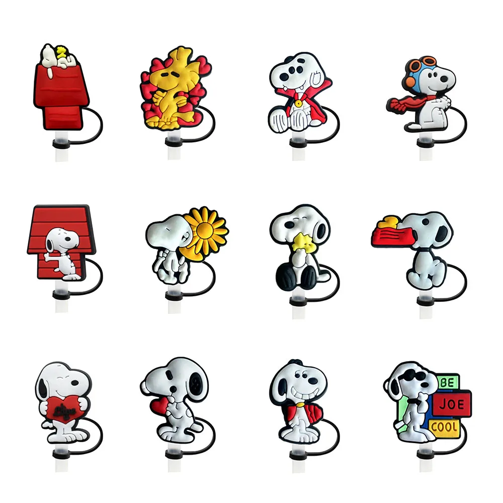 Color: Silver - 1-12PCS Cute  MINISO Snoopy Straw Cover Cap With 30&40Oz Cup10mm Straw Toppers Reusable Dust-Proof Straw Caps Cartoon Drink Stra