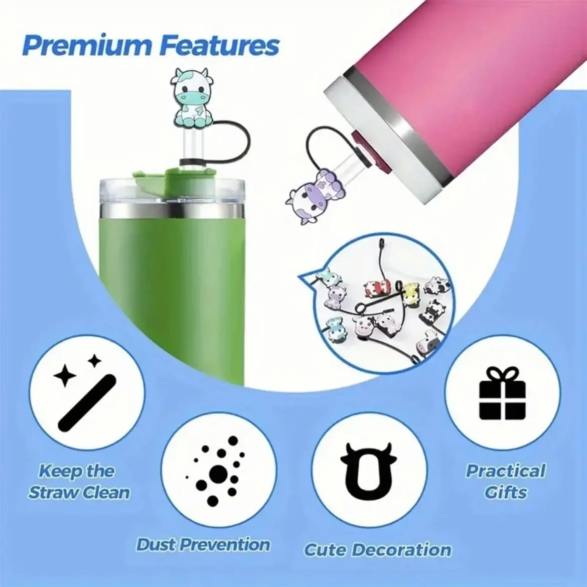 Color: Silver - 1-12PCS Cute  MINISO Snoopy Straw Cover Cap With 30&40Oz Cup10mm Straw Toppers Reusable Dust-Proof Straw Caps Cartoon Drink Stra