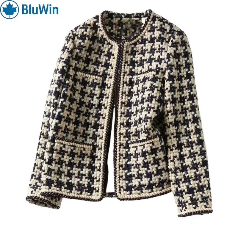Color: black, Size: XL - URBANCHIC Classic Checkered Tweed Jacket ?“ Elegant Contrast Trim for a Timeless, Chic Look
