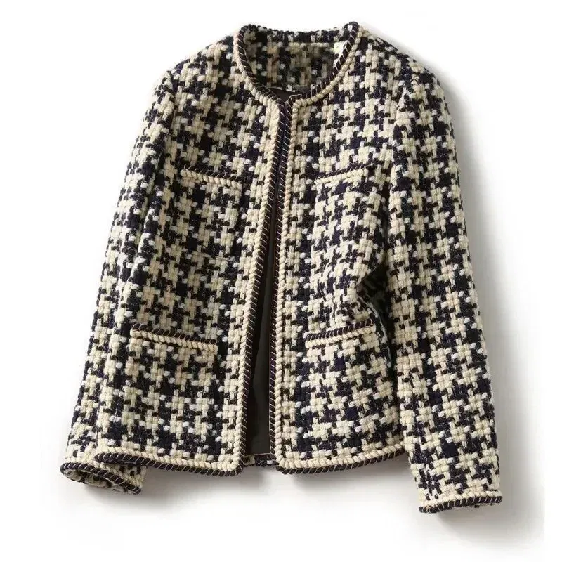 Color: black, Size: XL - URBANCHIC Classic Checkered Tweed Jacket ?“ Elegant Contrast Trim for a Timeless, Chic Look