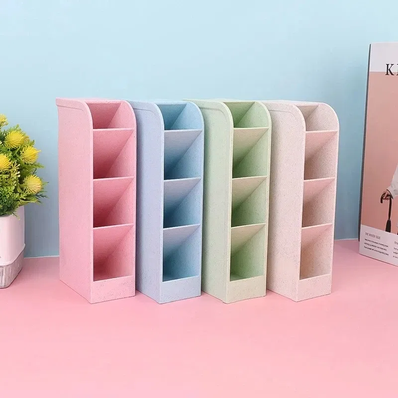 Color: grey - Multi-function 4 Grid Desktop Pen Holder Office School supplies Storage Case eco-friendly wheat straw Desk Pencil Organizer