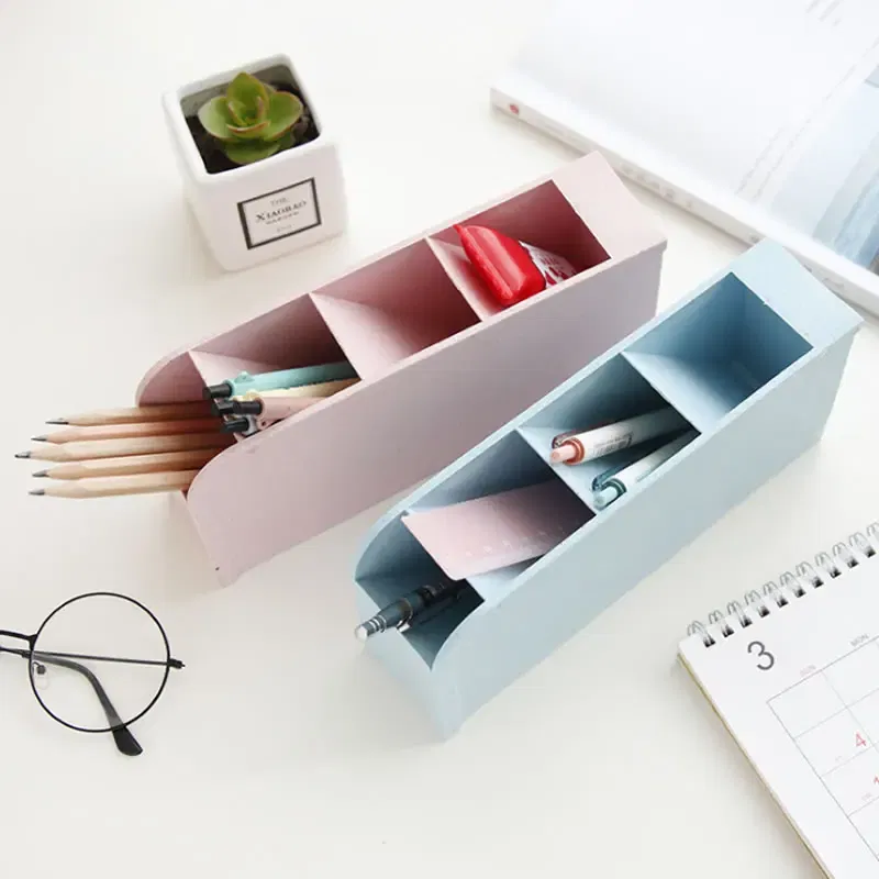 Color: grey - Multi-function 4 Grid Desktop Pen Holder Office School supplies Storage Case eco-friendly wheat straw Desk Pencil Organizer