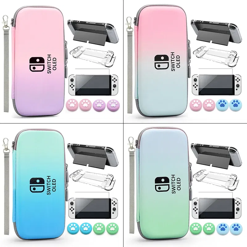 Color: green - Case Kit For Nintend Switch OLED Console Carrying Case Protective Pouch Hard Shell Clear Cover For Switch Oled WIth Film Glass