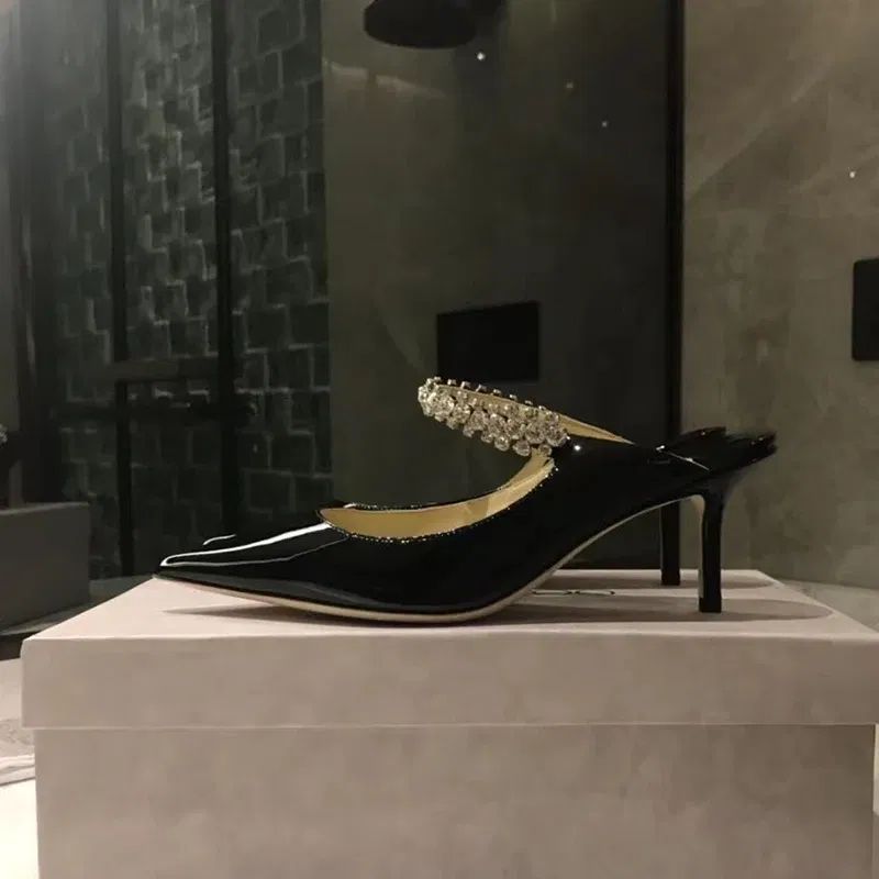 Color: black, Shoe Size: 38, Ships From: CHINA - Elegant Leather Mules Pointed Toe Stylish Rhinestone Embellished High Heel Sandals Sophisticated Party Evening Shoes Footwear