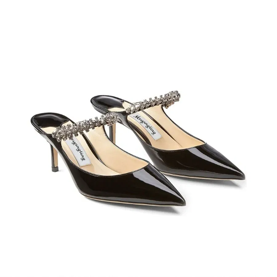 Color: black, Shoe Size: 38, Ships From: CHINA - Elegant Leather Mules Pointed Toe Stylish Rhinestone Embellished High Heel Sandals Sophisticated Party Evening Shoes Footwear