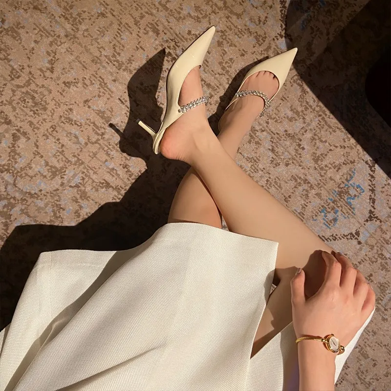 Color: black, Shoe Size: 38, Ships From: CHINA - Elegant Leather Mules Pointed Toe Stylish Rhinestone Embellished High Heel Sandals Sophisticated Party Evening Shoes Footwear