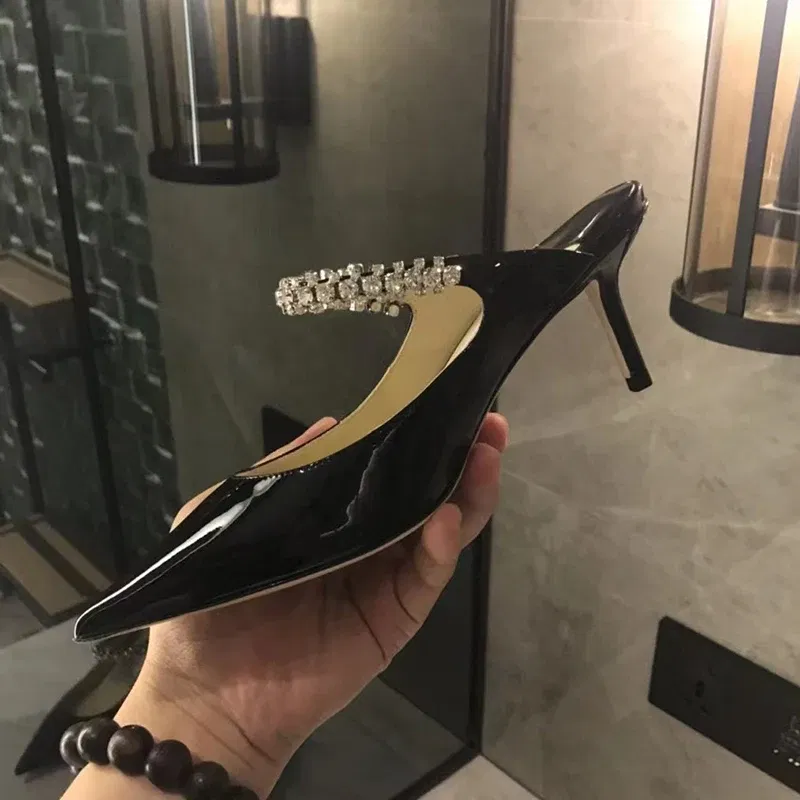 Color: black, Shoe Size: 38, Ships From: CHINA - Elegant Leather Mules Pointed Toe Stylish Rhinestone Embellished High Heel Sandals Sophisticated Party Evening Shoes Footwear