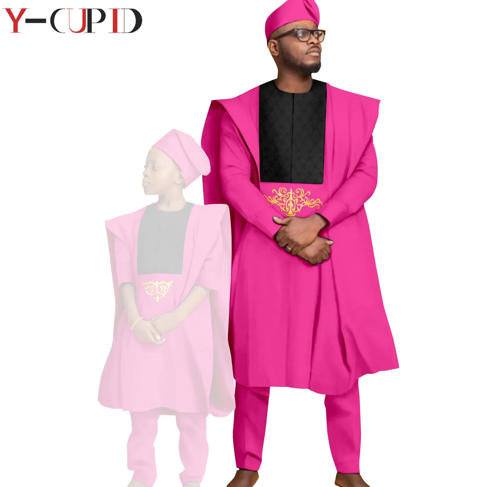 Color: green, Size: S - African Clothes for Men Top Pants Robes Hat Sets Match Kid Boy Sets Dashiki Father and Son Bazin Riche Family Outfits Y20F001