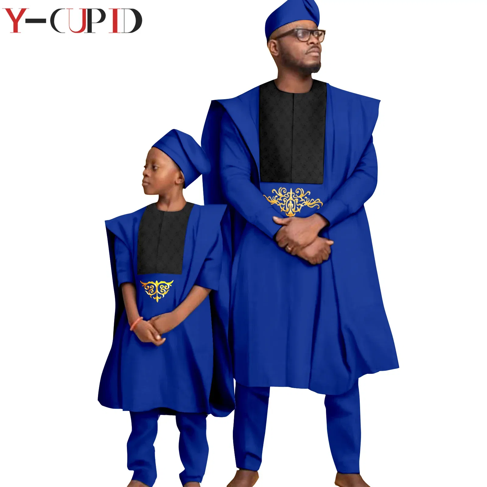 Color: green, Size: S - African Clothes for Men Top Pants Robes Hat Sets Match Kid Boy Sets Dashiki Father and Son Bazin Riche Family Outfits Y20F001