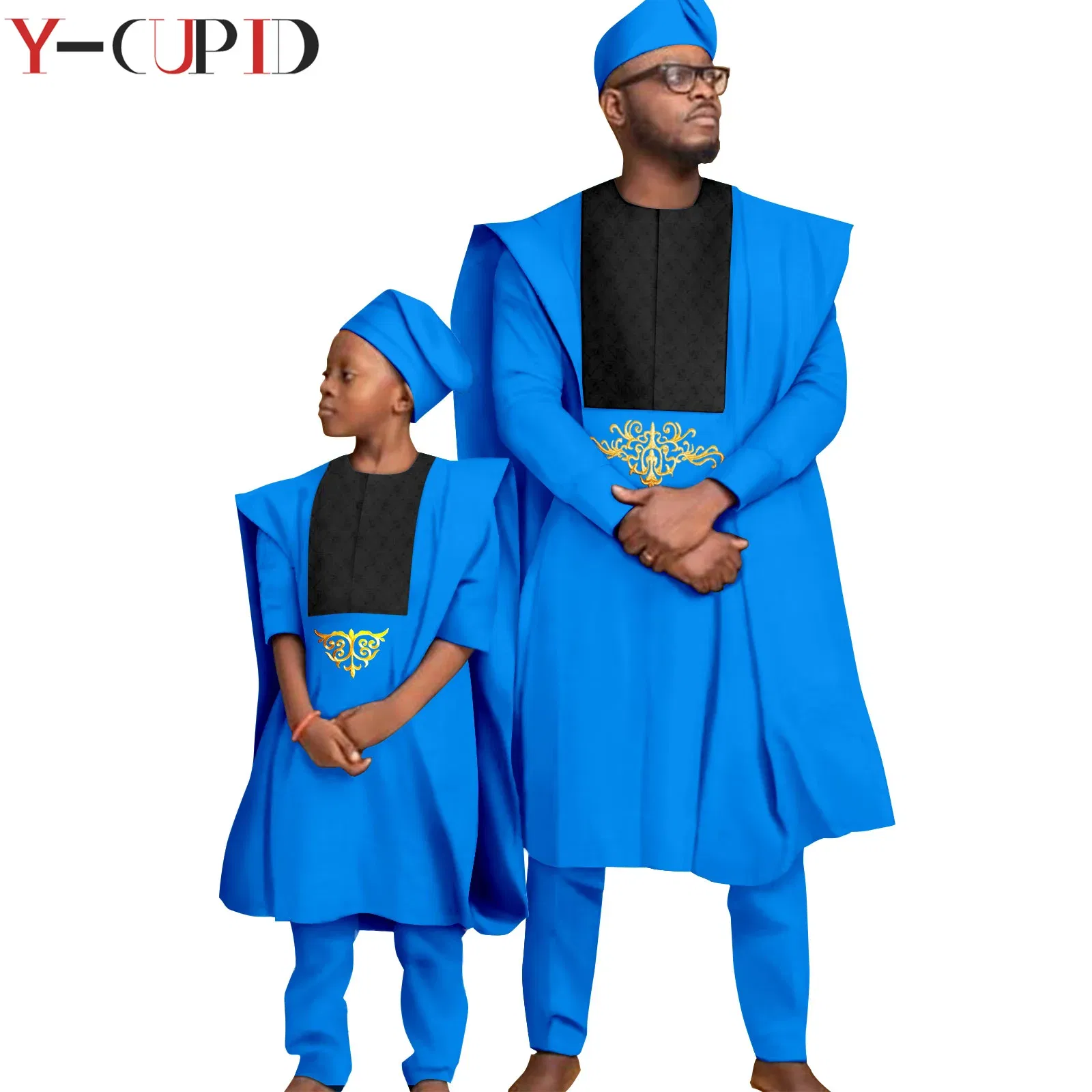 Color: green, Size: S - African Clothes for Men Top Pants Robes Hat Sets Match Kid Boy Sets Dashiki Father and Son Bazin Riche Family Outfits Y20F001