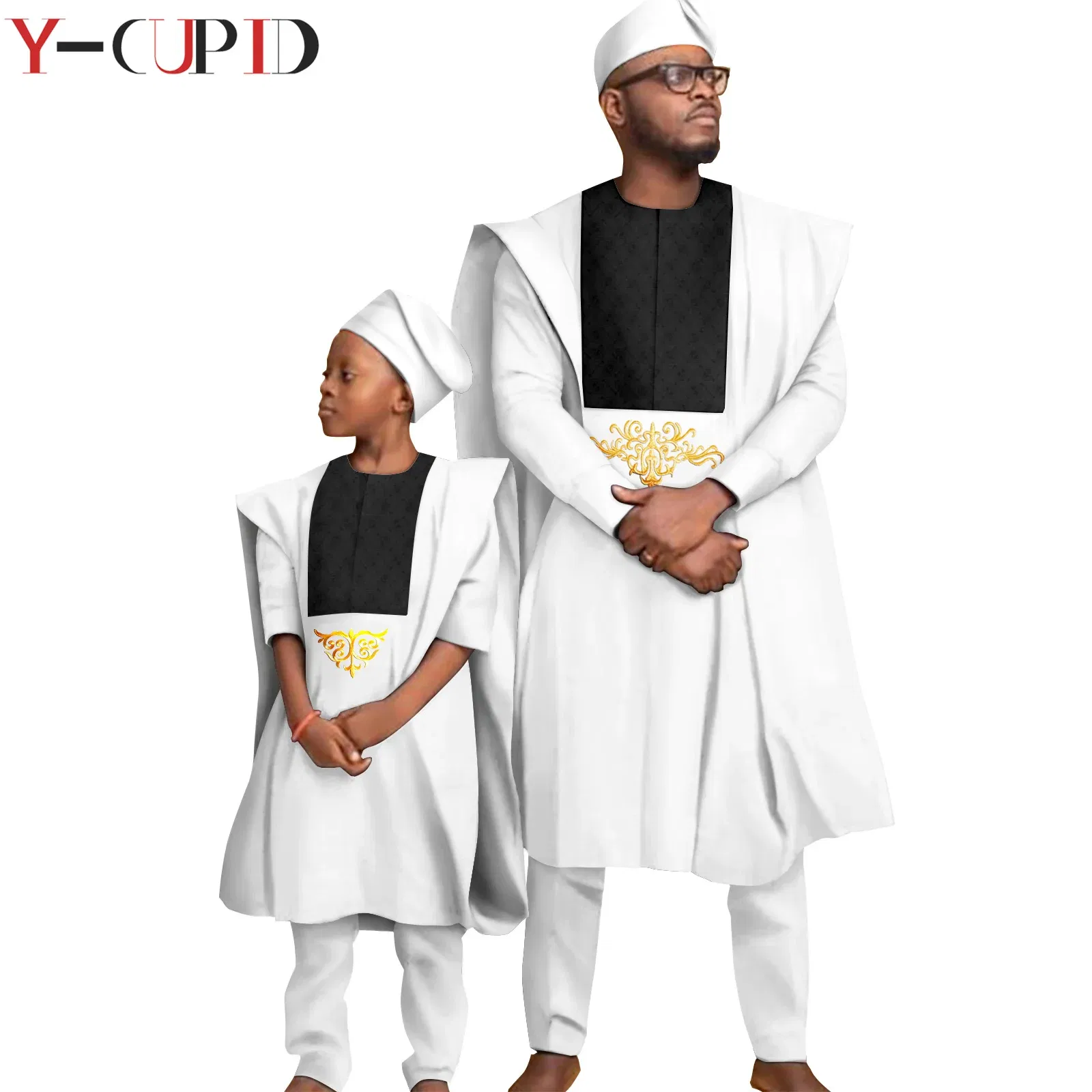 Color: green, Size: S - African Clothes for Men Top Pants Robes Hat Sets Match Kid Boy Sets Dashiki Father and Son Bazin Riche Family Outfits Y20F001