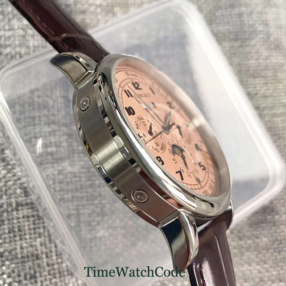 Color: Brown - Corgeut 42mm Automatic Men's Watch Date Day Month Year Rose Gold Dial Multifunction 316L Leather Strap Polished Case Day Night