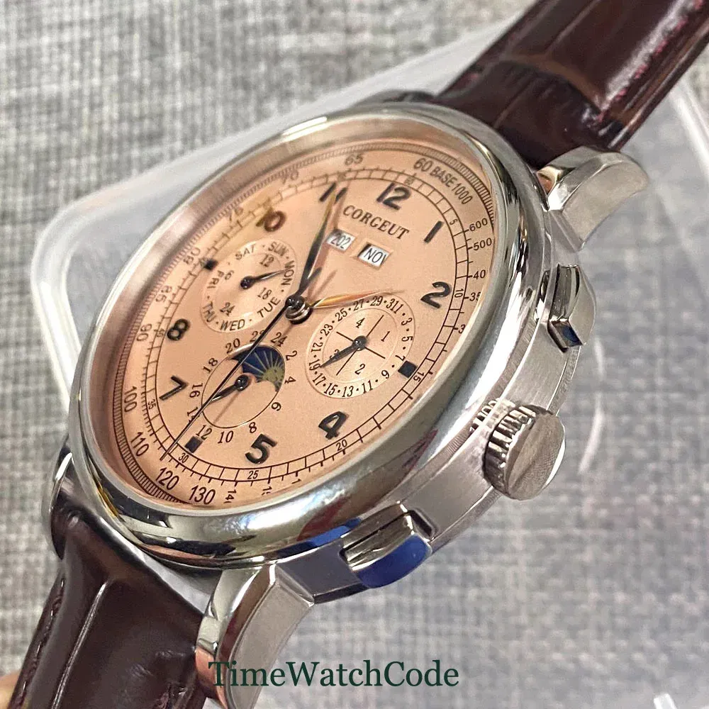 Color: Brown - Corgeut 42mm Automatic Men's Watch Date Day Month Year Rose Gold Dial Multifunction 316L Leather Strap Polished Case Day Night