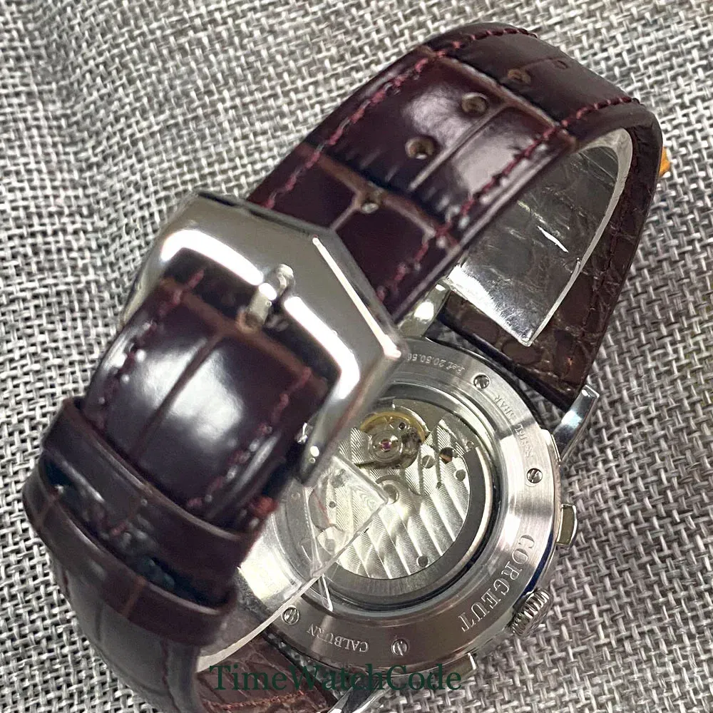 Color: Brown - Corgeut 42mm Automatic Men's Watch Date Day Month Year Rose Gold Dial Multifunction 316L Leather Strap Polished Case Day Night