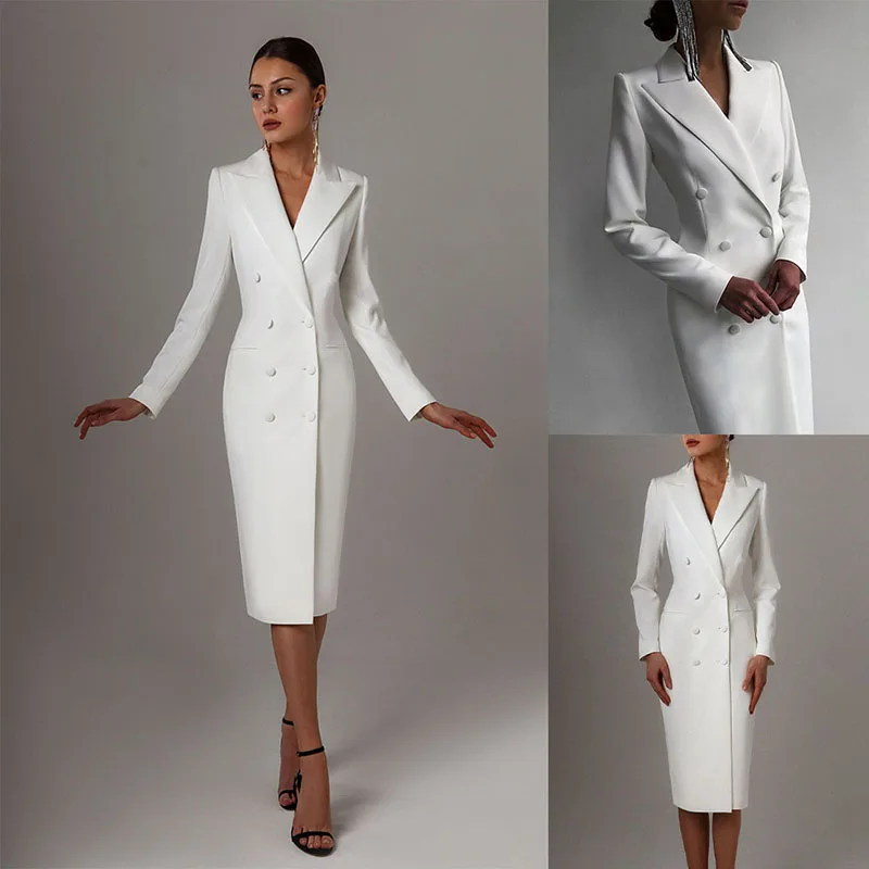Color: SKY BLUE, Size: L - Women's Suit Long Blazer Double Breasted Jacket White Tuxedo Party Point Lapel Clothes спор?‚ивн?‹й кос?‚юм ?¶?µнск