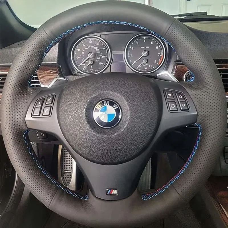 Color Name: light green - Full Black Leather Car Steering Wheel Braid Soft Leather Cover For BMW E81 E90 Pack M Sport M3 E91 E92 E93 E87 E82 E88 X1 E84