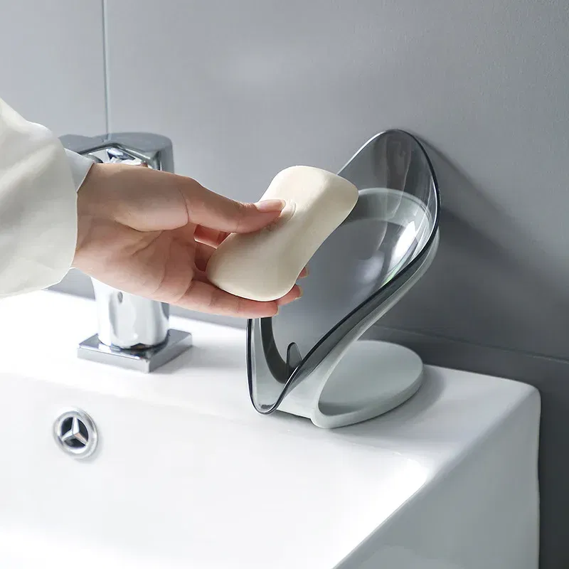 Color: light yellow - Bathroom Soap Holder Leaf Shape Dish Soap Kitchen Sponge Soap Box Storage Non-slip Drain Soap Case Container Bathroom accessorie
