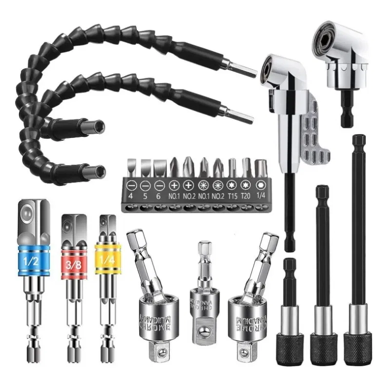 Color: Black - Flexible Drill Extension Hex Shank Drill Nut Driver Bit Set Bendable Drill Bit Extension+ScrewdriverBit+Universal Socket Adapter