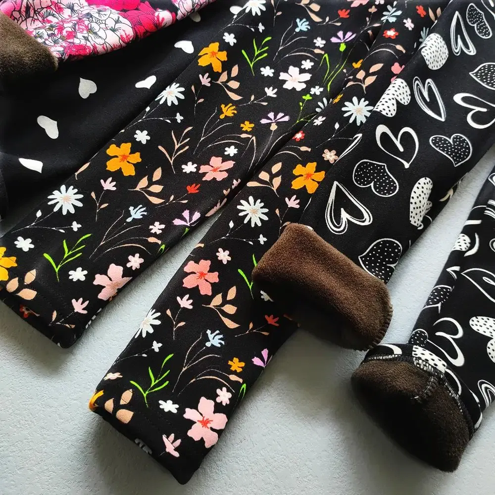 Color: MULTI, Kid Size: 2T - Autumn Winter Print Flowers Thick Warm Kids Toddler Baby Girls Leggings Children's Pants