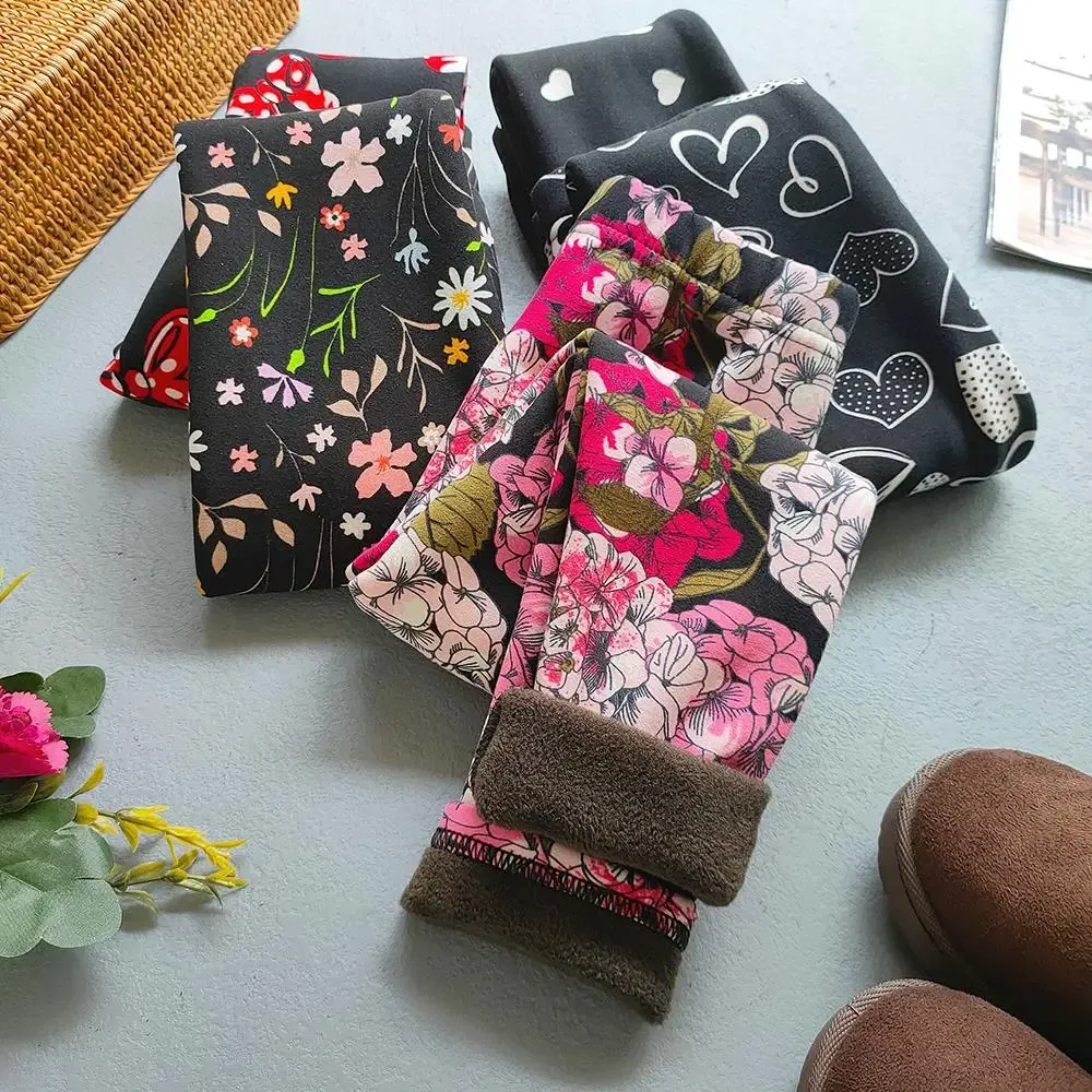 Color: MULTI, Kid Size: 2T - Autumn Winter Print Flowers Thick Warm Kids Toddler Baby Girls Leggings Children's Pants