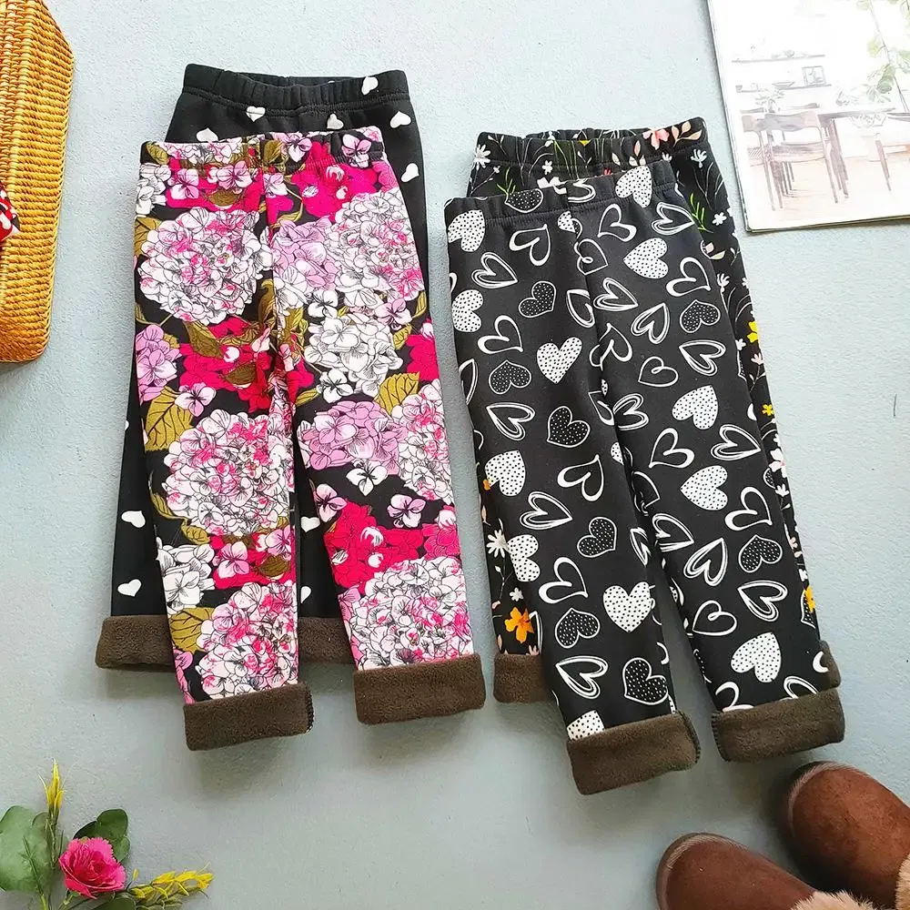 Color: MULTI, Kid Size: 2T - Autumn Winter Print Flowers Thick Warm Kids Toddler Baby Girls Leggings Children's Pants