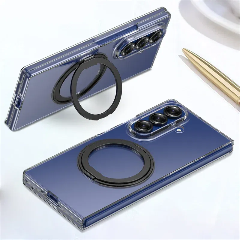 Color: black, Compatibility by Model: Galaxy Z Fold7 - 360?° Rotating Magnetic Holder Phone Case For Samsung Galaxy Z Fold 7 Magsafe Wireless Charging Transparent Hard Shockproof Cover