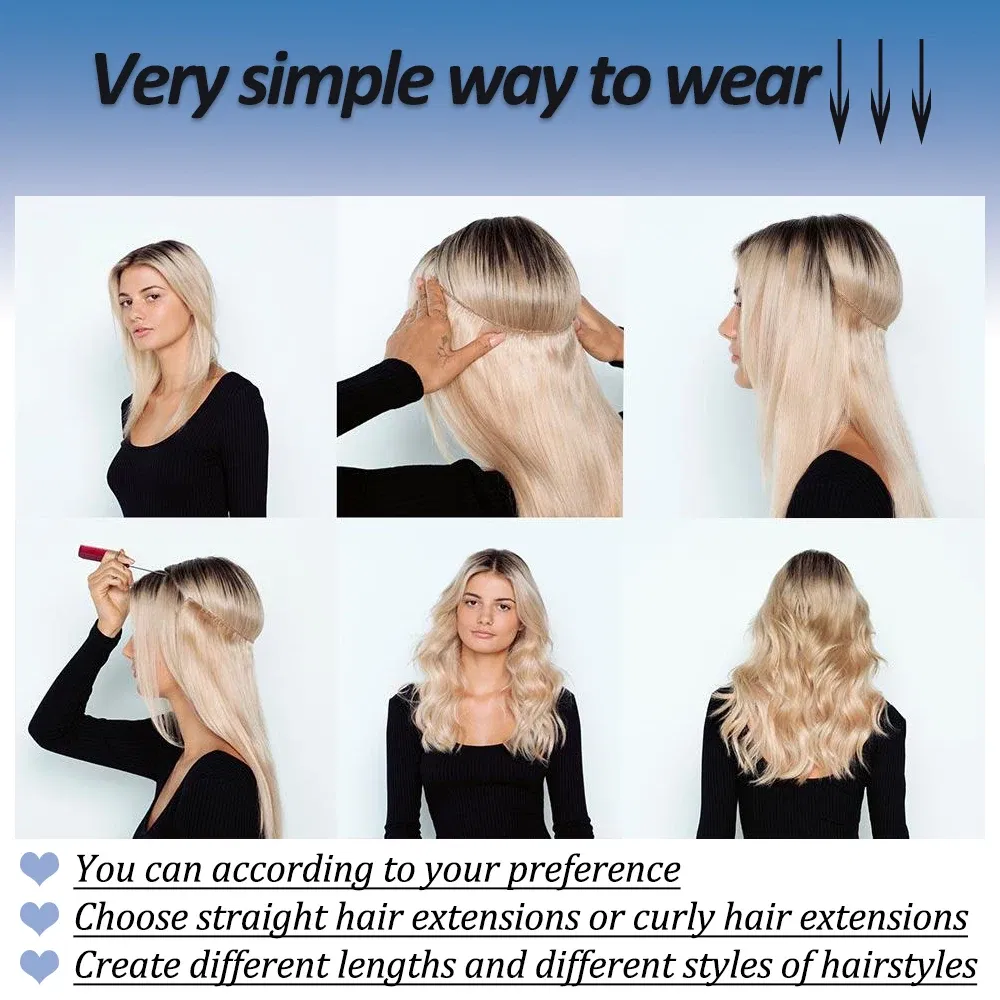 Color: P1B/613, Stretched Length: 32inches, Ships From: CHINA - Synthetic Natural Wavy No Clip Fish Line Invisible Hair Extensions Mixed Color Blonde Black Artificial False Hair Piece ForWomen