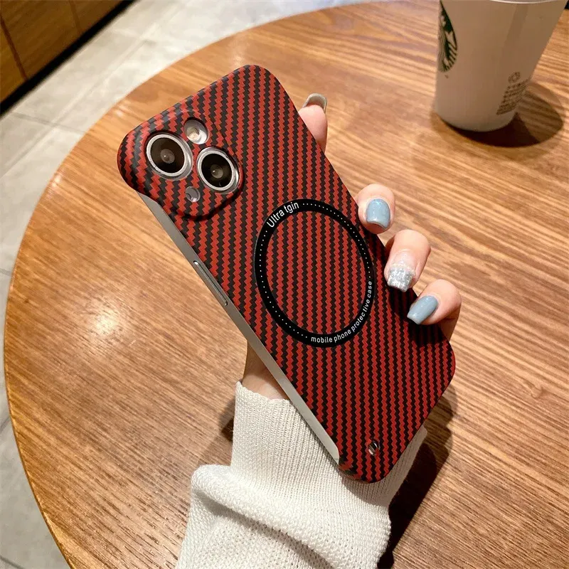 Color: Red, Material: Plastic - Luxury Carbon Fiber for iPhone 11 14 Plus 12 13 Pro Max Magsafe Case Magnetic Wireless Hard Thin Slim Cover for iPhone 13 14 Max