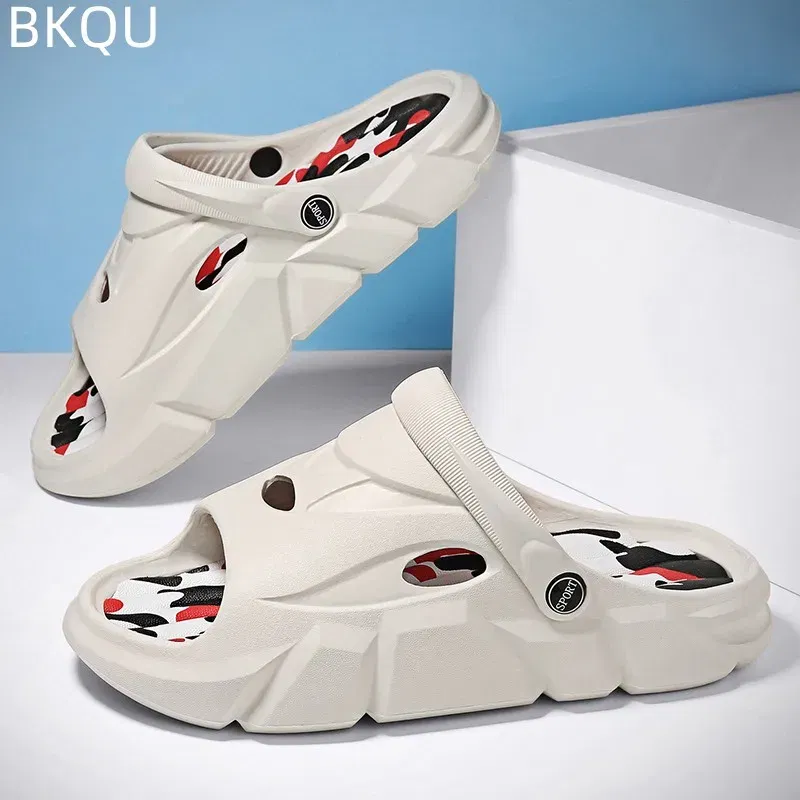 Color: Black, Shoe Size: 43 - Men's Beach Slippers Round Toe Lightweight Flat Bottom Waterproof Comfortable Trend Versatile Breathable Non-slip Large Size