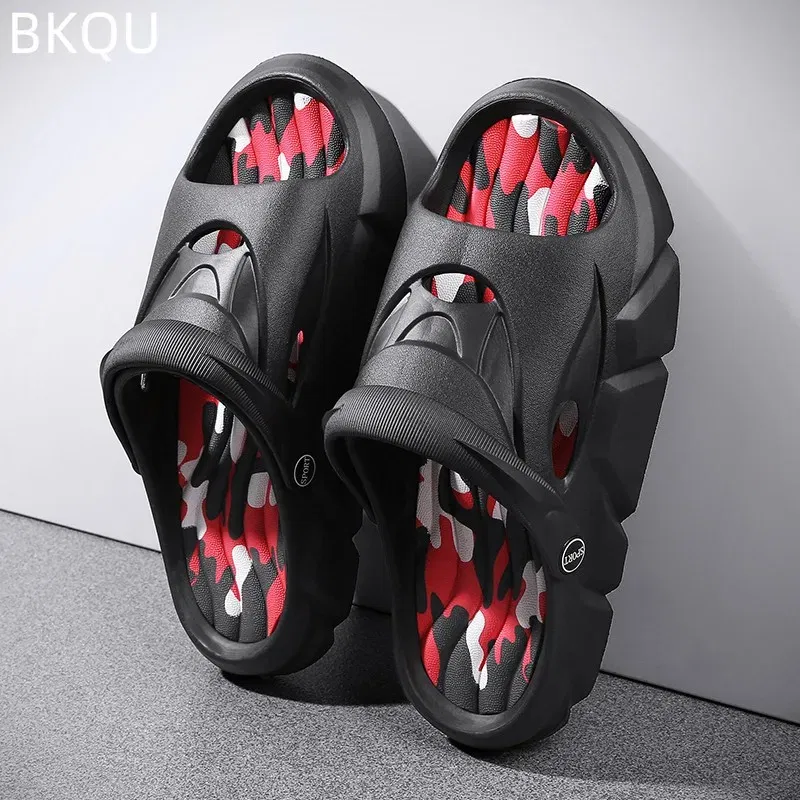 Color: Black, Shoe Size: 43 - Men's Beach Slippers Round Toe Lightweight Flat Bottom Waterproof Comfortable Trend Versatile Breathable Non-slip Large Size