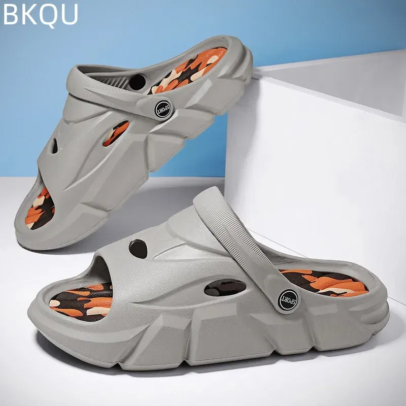 Color: Black, Shoe Size: 43 - Men's Beach Slippers Round Toe Lightweight Flat Bottom Waterproof Comfortable Trend Versatile Breathable Non-slip Large Size