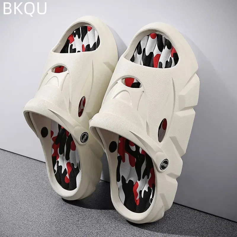 Color: Black, Shoe Size: 43 - Men's Beach Slippers Round Toe Lightweight Flat Bottom Waterproof Comfortable Trend Versatile Breathable Non-slip Large Size